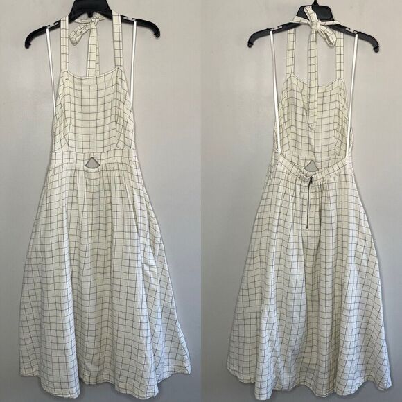 PAMELA LOVE Dress Womens Medium Plaid Halter Apron Midi Ivory Open Back Pockets - Picture 2 of 11